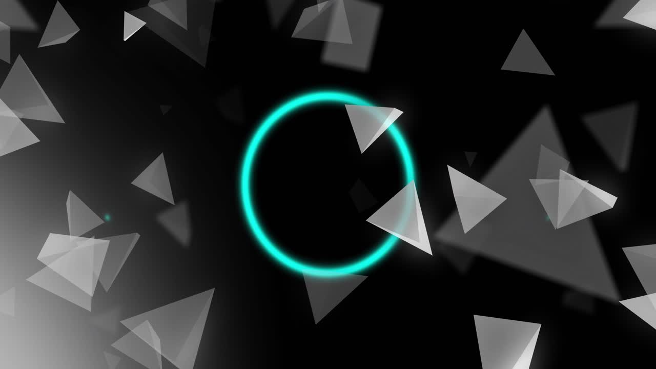 Cyan ring pulsing while gray shards entering frame, forming looping pulses around play symbol