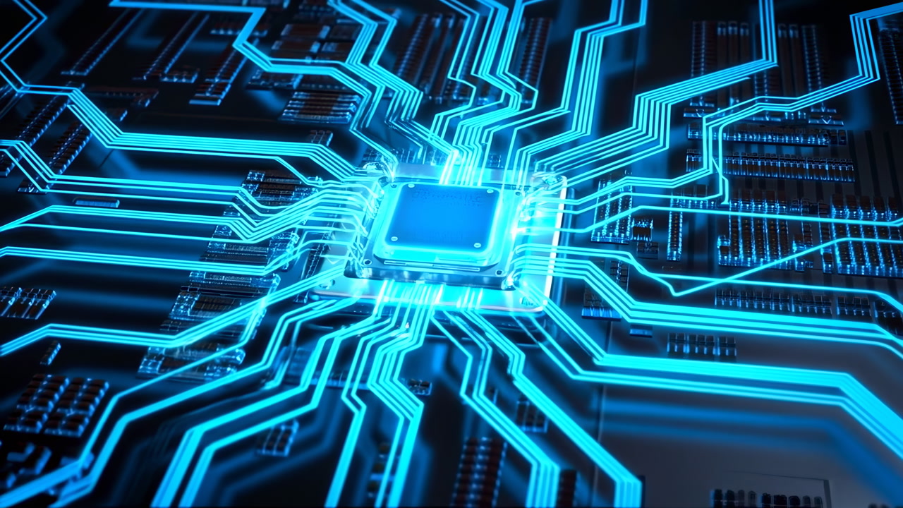 Glowing Blue Microchip On Circuit Board Showcasing Energy Flow Across Printed Traces, Simulated Data Pulses,