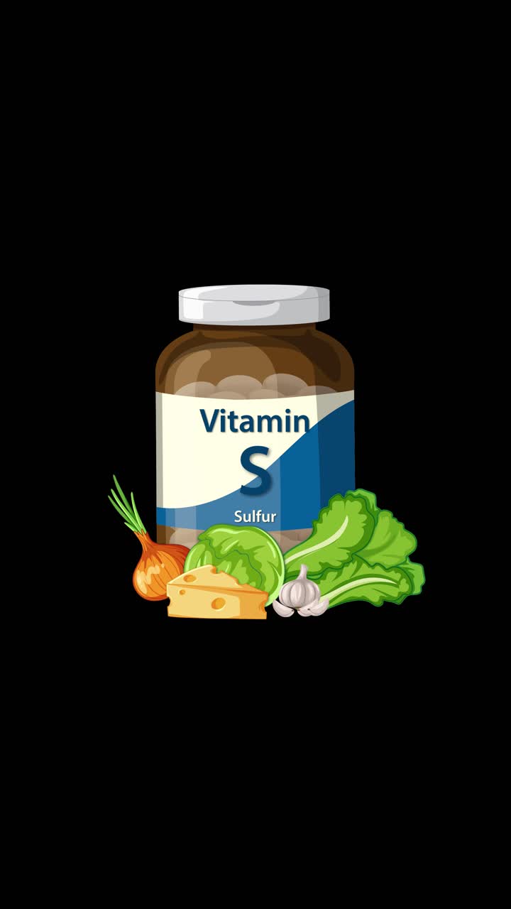 Vitamin sulfur supplement bottle gradually appears with vegetables, cheese, and garlic on a black background