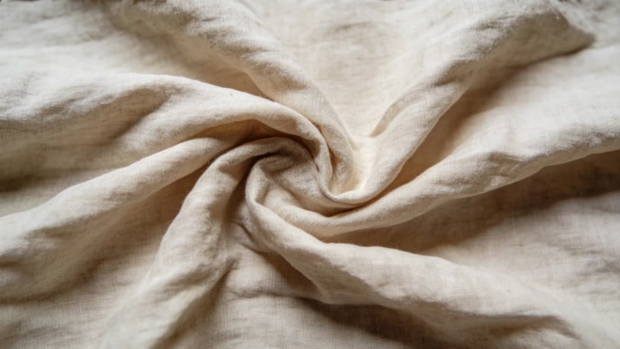 Shifting beige fabric displaying subtle folds settling in closeup, soft shadows and spiral twist