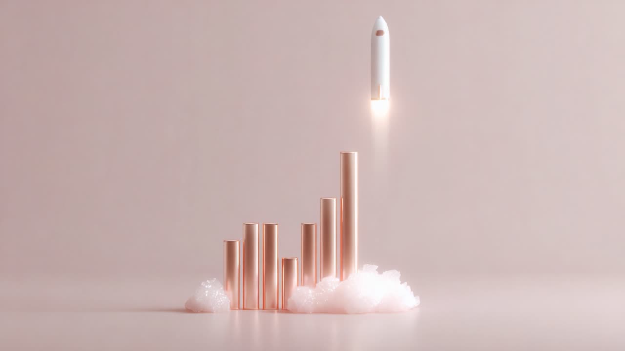 A visually striking representation of a rocket launching from a cloud-like base, symbolizing growth and innovation with rising metallic bars emphasizing progress and success
