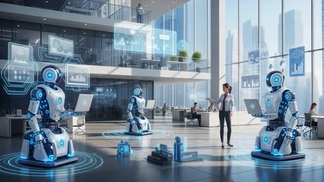 a collaborative workspace featuring advanced robots engaging with human operatives in a futuristic office environment designed for productivity and innovation