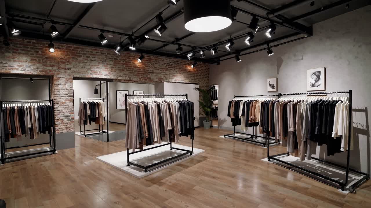 Wide-angle video of a modern clothing store interior with exposed brick walls, showcasing racks