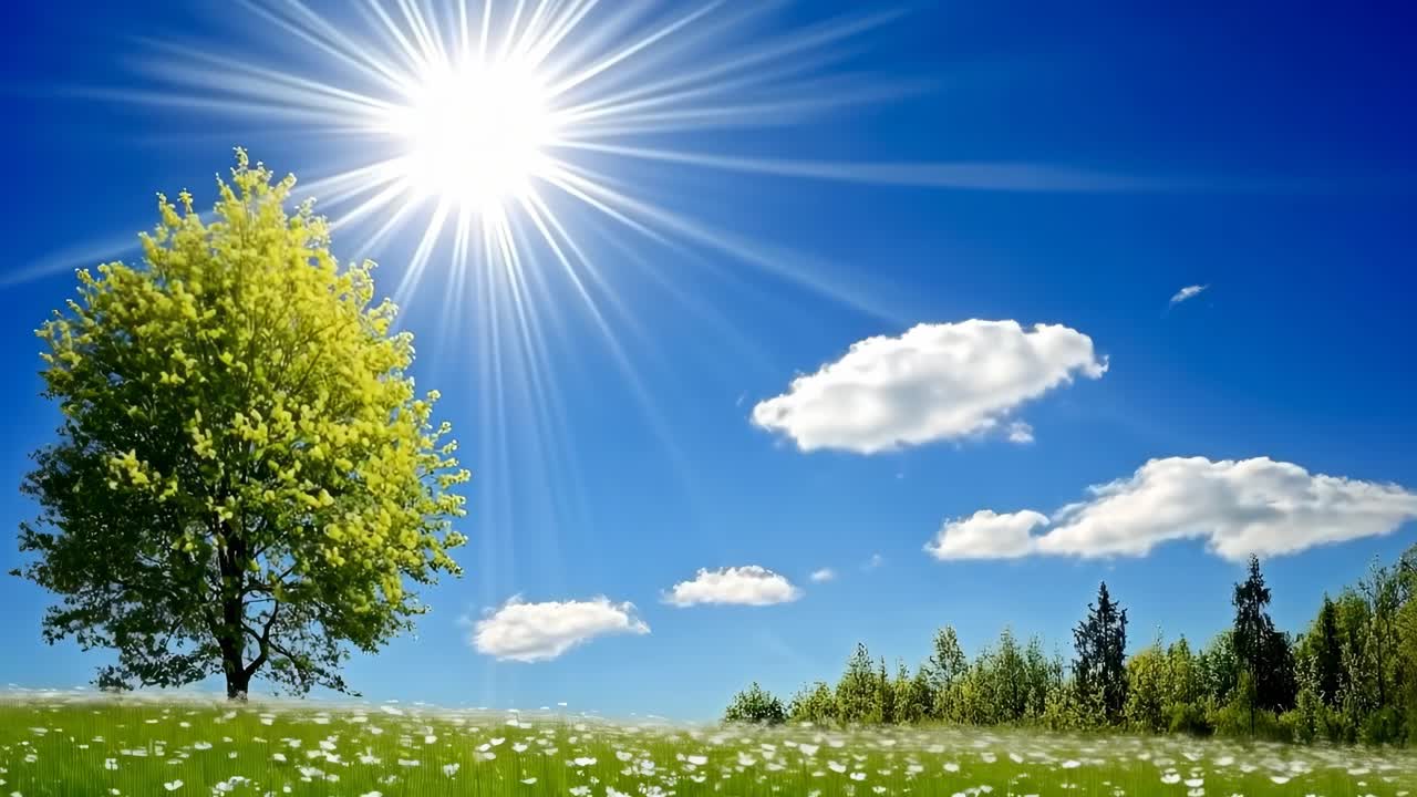 Wide-angle video shot of a vibrant meadow under a bright sun, capturing a lone tree and fluffy