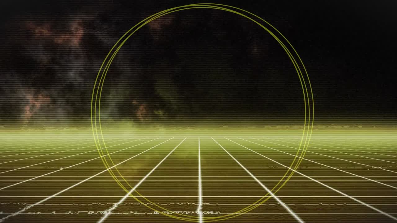 노란색과 녹색의 고리의 애니메이션이 빛나는 노란색 그리드와 지평선 위로 움직이고, 검은색으로 움직입니다.