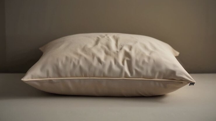 Mostrando un cuscino beige che si adagia lentamente su una superficie piana dopo essere stato posizionato, con le pieghe che si attenuano e l'etichetta visibile.