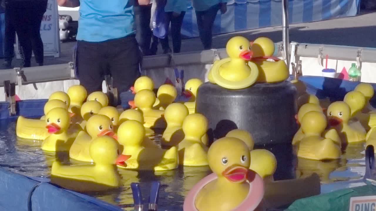 escena del juego de lanzamiento de anillos de pato en la feria estatal de carolina del norte, 2019