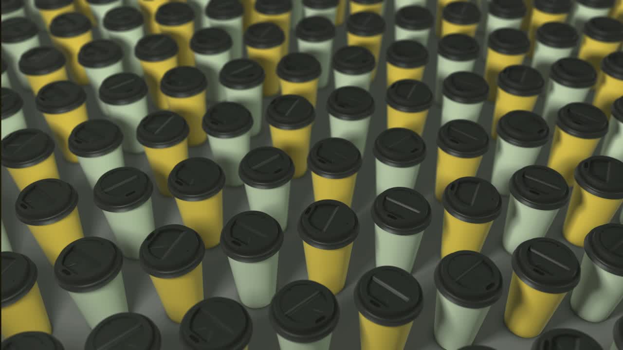 dos tazas de café de colores de fondo. renderizado abstracto 3d con luz brillante y sombras. patrón de tazas de cafe. animación en bucle. blanco amarillo