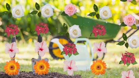 multiple colorful flowers icons in seamless pattern floating against garden in background