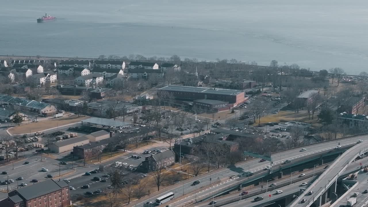 Bird's eye view of New York City near the waterfront in early spring