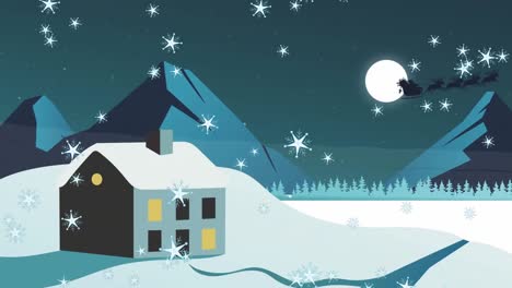 Schneeflocken-Fallen-Gegen-Den-Weihnachtsmann-Im-Schlitten,-Der-Von-Rentieren-über-Die-Winterlandschaft-Gezogen-Wird
