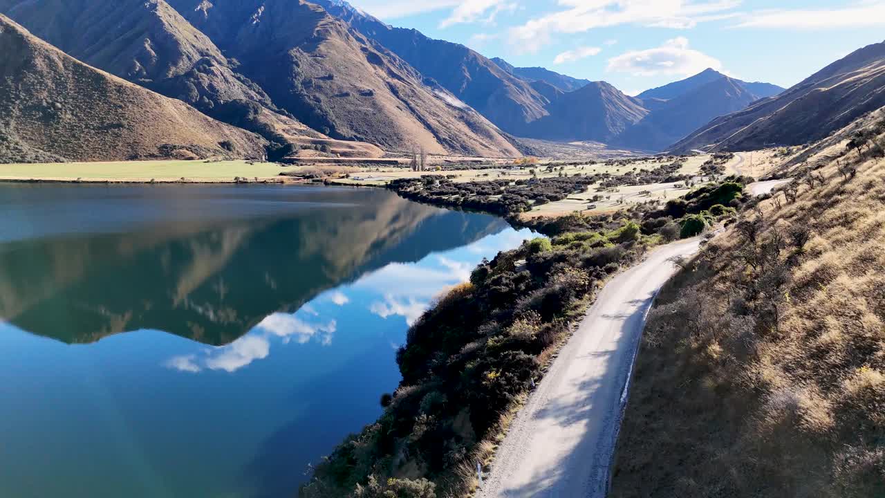 Aerial view of a serene lake and winding road surrounded by mountains under clear skies in New Zealand