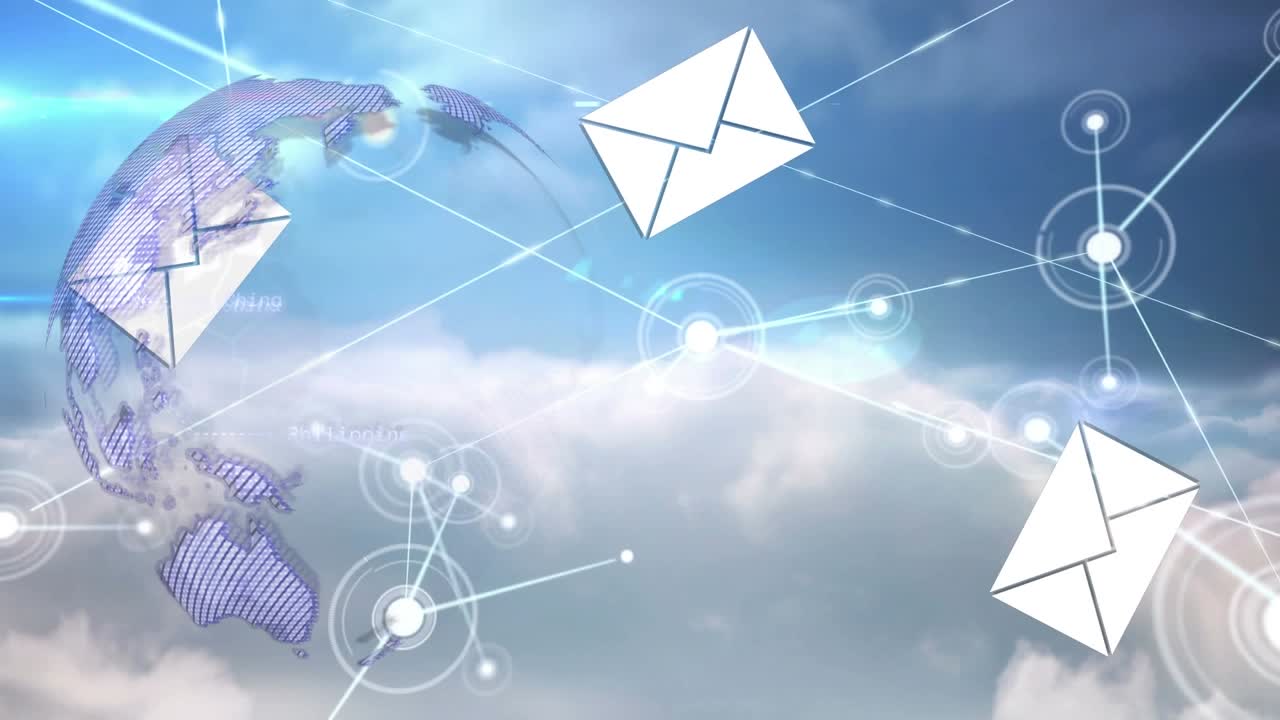 Animazione di rete di connessioni con statistiche su sfondo blu
