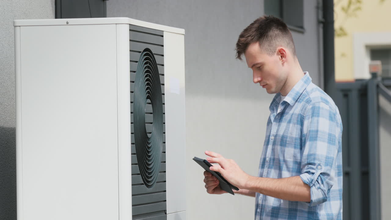 A young engineer sets up a heat pump near a private house. Uses a tablet