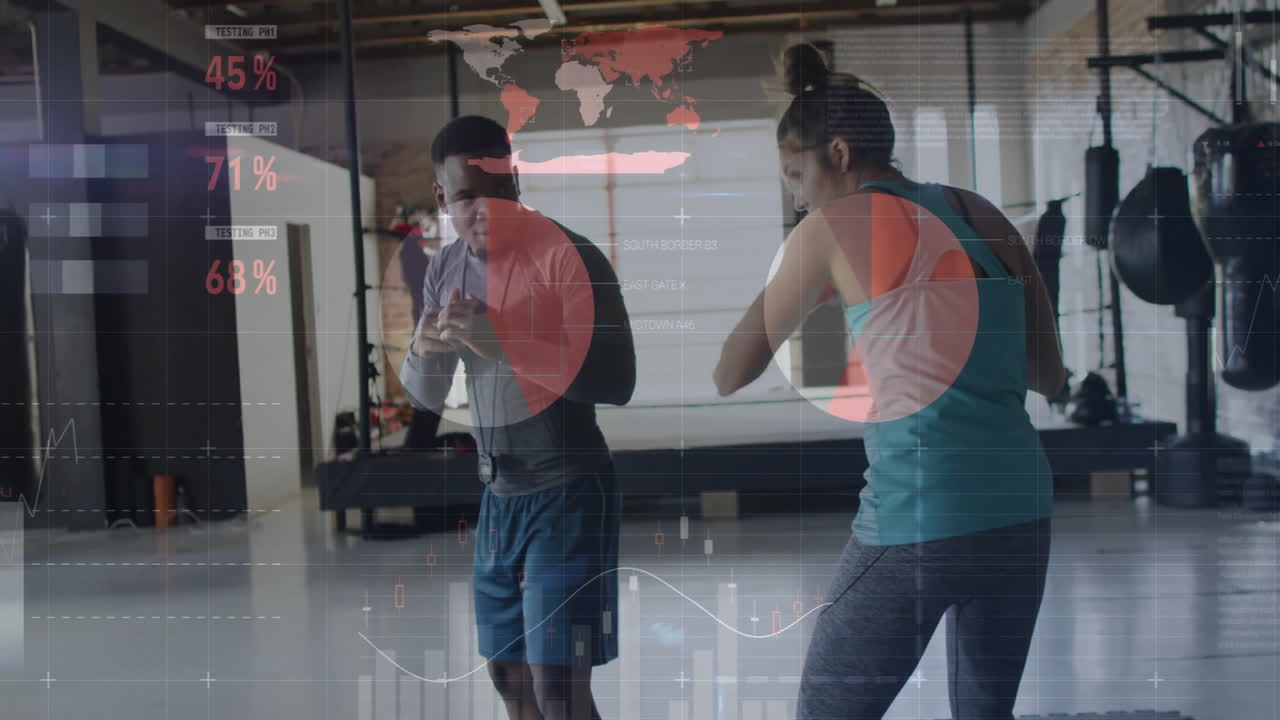 Boxing training in gym, diverse athletes practicing techniques and exercises