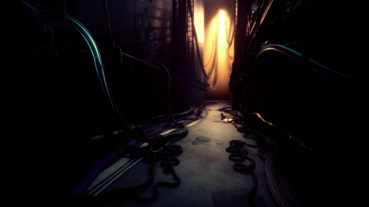 corredor misterioso con cables que conducen a una fuente de luz brillante en un entorno oscuro