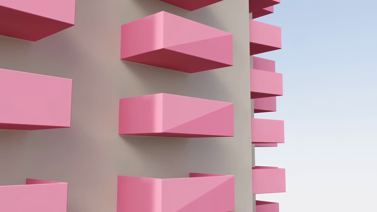 Moderne bygningsfacade med lyserøde geometriske altaner