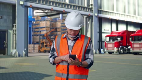 asian male engineer with safety helmet using smartphone while standing , outside of logistics distributions warehouse