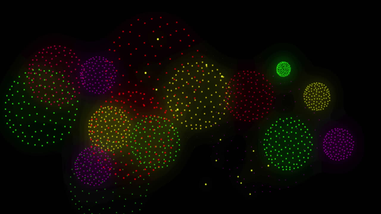 Animazione di forme e fuochi d'artificio su sfondo nero.
