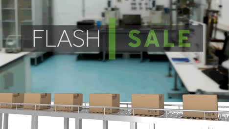 animation of flash sale text over cardboard boxes on conveyor belt