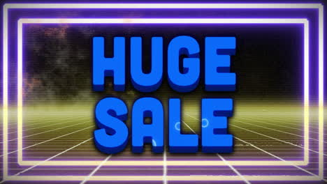 Huge-Sale-text-animation-on-neon-grid-background,-glowing-vibrant-colors