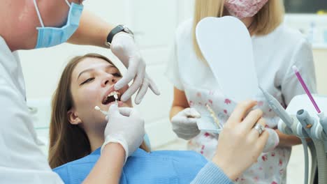artificial denture close up. dental techician working on prostethic and applying color