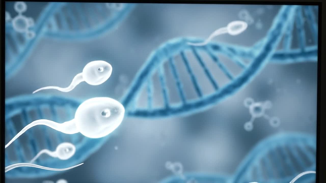 Sperm cells swimming toward ovum with DNA helix background illustrating human fertilization and genetic science concept