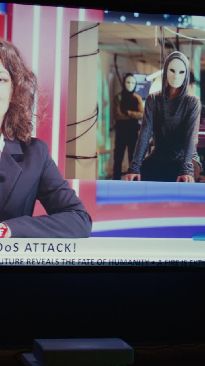 Video verticale di un giornalista durante la produzione di un telegiornale che parla di attacchi di criminali informatici, primo piano su una smart TV