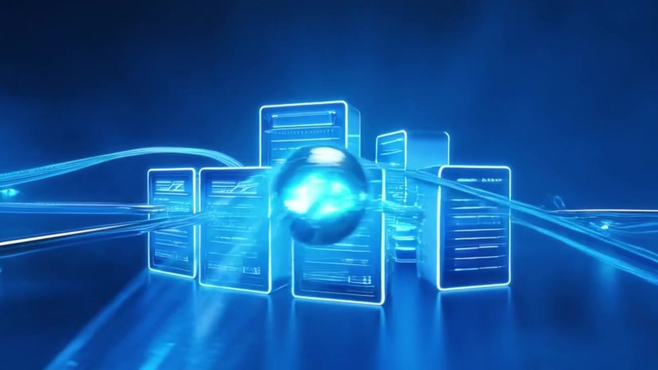 Digital Data Servers Connected by Glowing Fiber Optic Cables