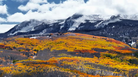 Kebler-Pass-aerial-cinematic-drone-Crested-Butte-Gunnison-Colorado-seasons-collide-early-fall-aspen-tree-red-yellow-orange-forest-winter-first-snow-powder-Rocky-Mountain-peak-clouds-backward-motion