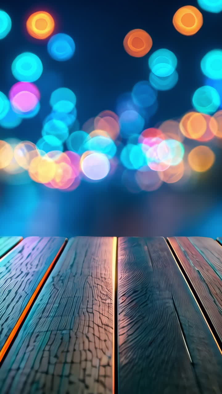 A wooden table with a blurry background of lights. The lights are in different colors and are scattered throughout the scene. Scene is one of excitement and energy, as the lights seem to be dancing