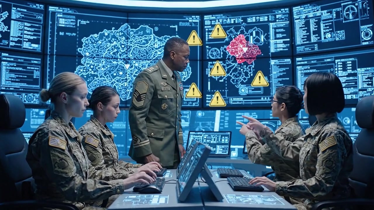 Military Operations Command Center: Officers Analyze Strategy and Threats in High-Tech Environment with Detailed Maps and Digital Displays for Tactical Decisions