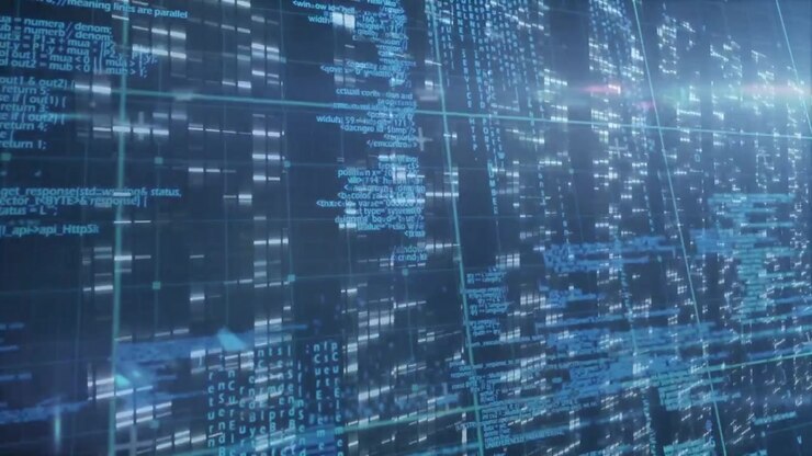 3D-datavæg panorerer mod højre, afslører rullende glyffer, glidende felter og lysglimt, der fremhæver data.