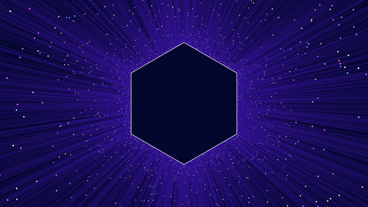 Abstract sci fi background footage with purple radial light streaks and sparkling particles around a dark hexagon center, ideal for technology, gaming, and promo designs