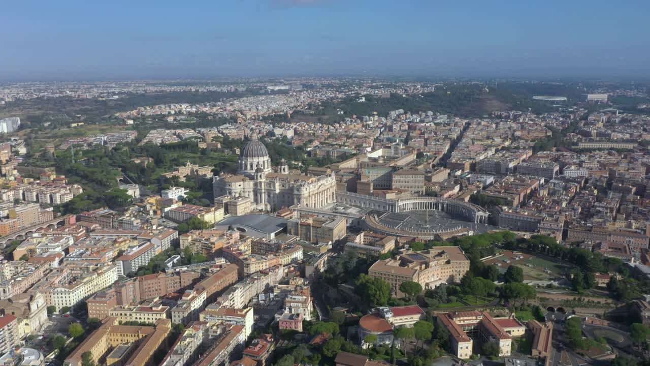 Amazing aerial flying over St. Peter’s Basilica, its majestic dome, and the vast Piazza San Pietro, symbolizing the heart of the Catholic Church and Rome’s timeless beauty