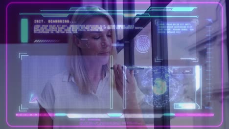 animación del procesamiento de datos financieros sobre una mujer de negocios caucásica que usa un teléfono inteligente