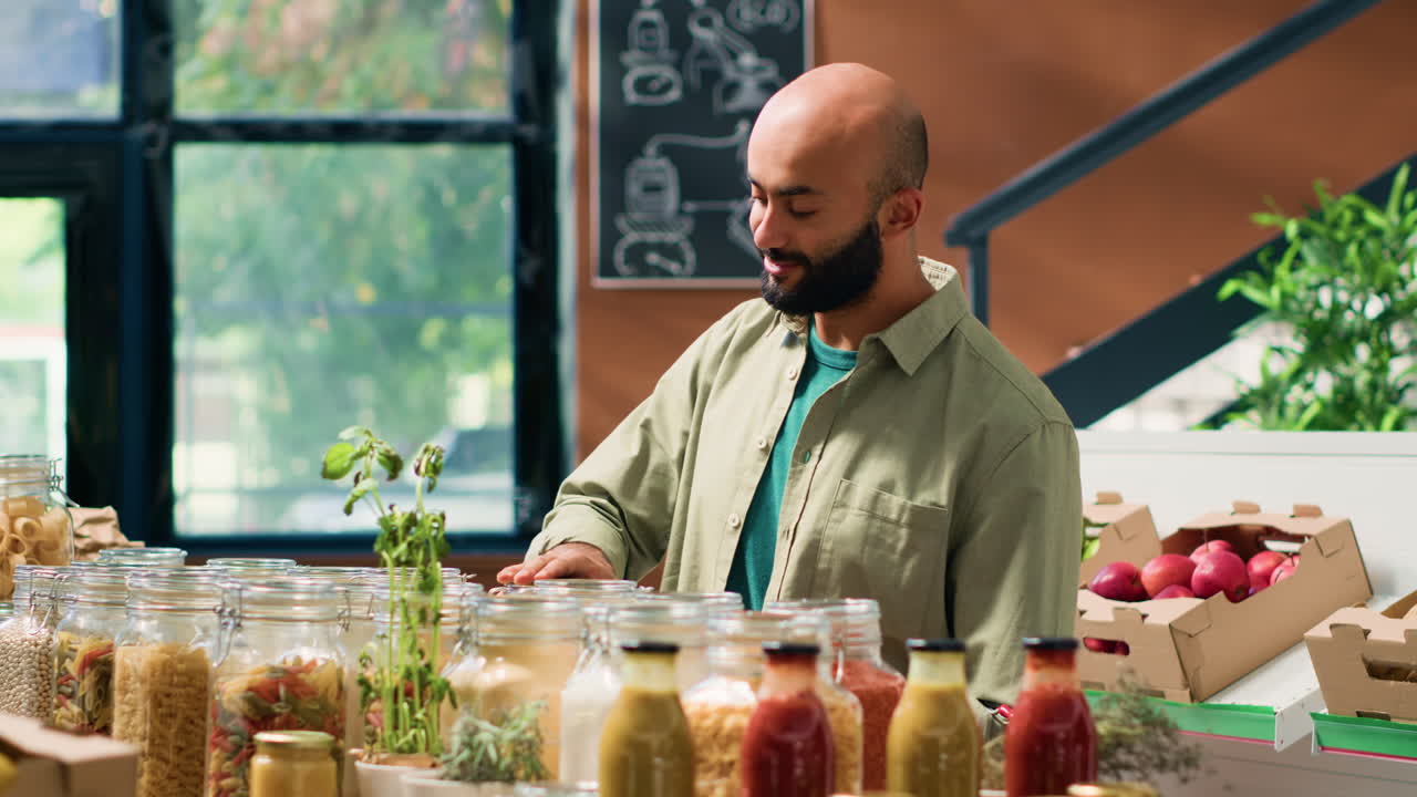 un joven explora una tienda ecológica