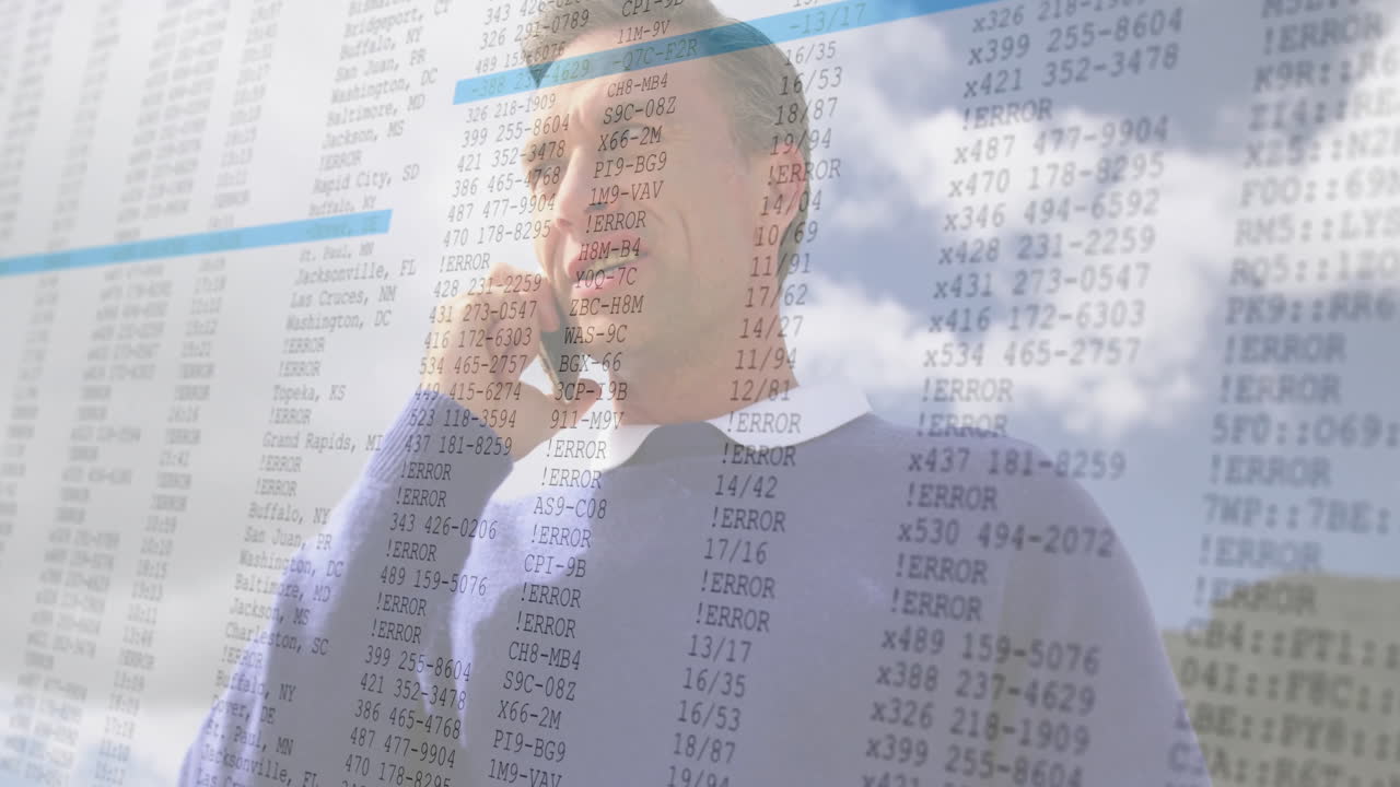 On phone, businessman with data and error codes overlaying sky background