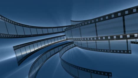 celluloid film strip on blue background rotating around an imaginary spool