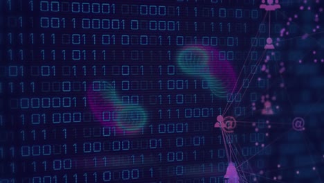 animación de globo de iconos digitales y formas de resorte contra codificación binaria contra fondo azul