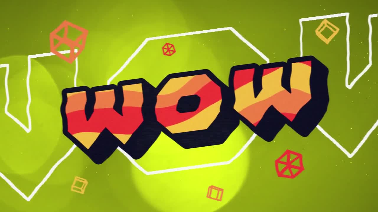 animación digital del texto wow y el resumen contra puntos de luz sobre fondo amarillo