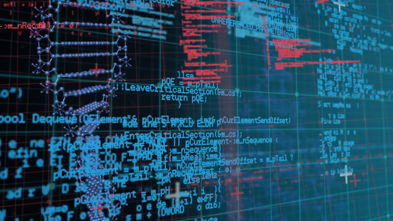 animación digital de la estructura del adn y procesamiento de datos contra un fondo negro