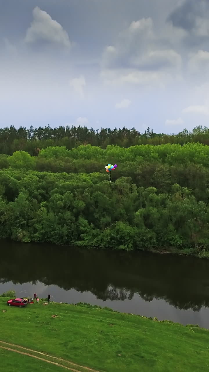 A bunch of colorful balloons flies over the river. Some people resting at the waterfront in summer. Aerial view. Vertical video