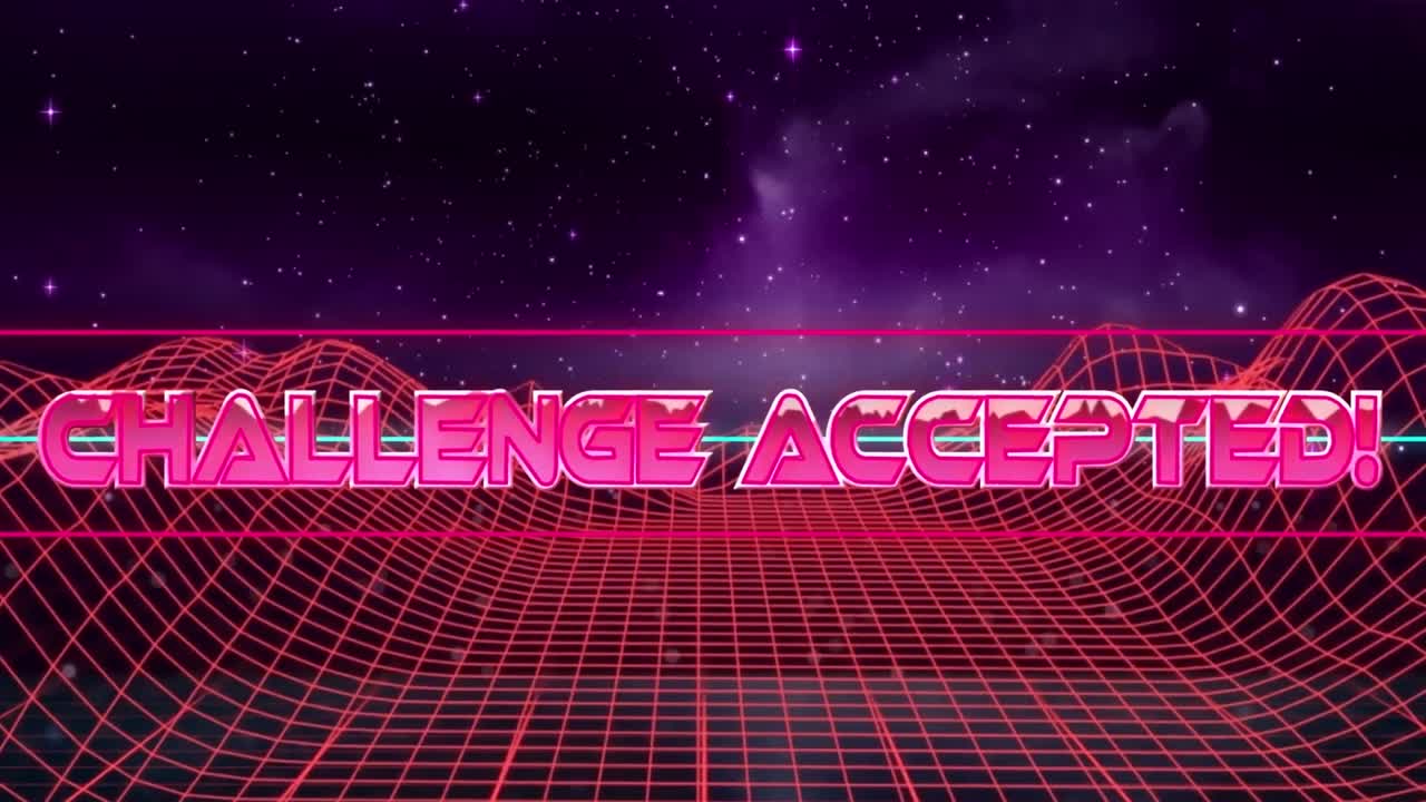 animación del desafío aceptado sobre montañas digitales en fondo negro