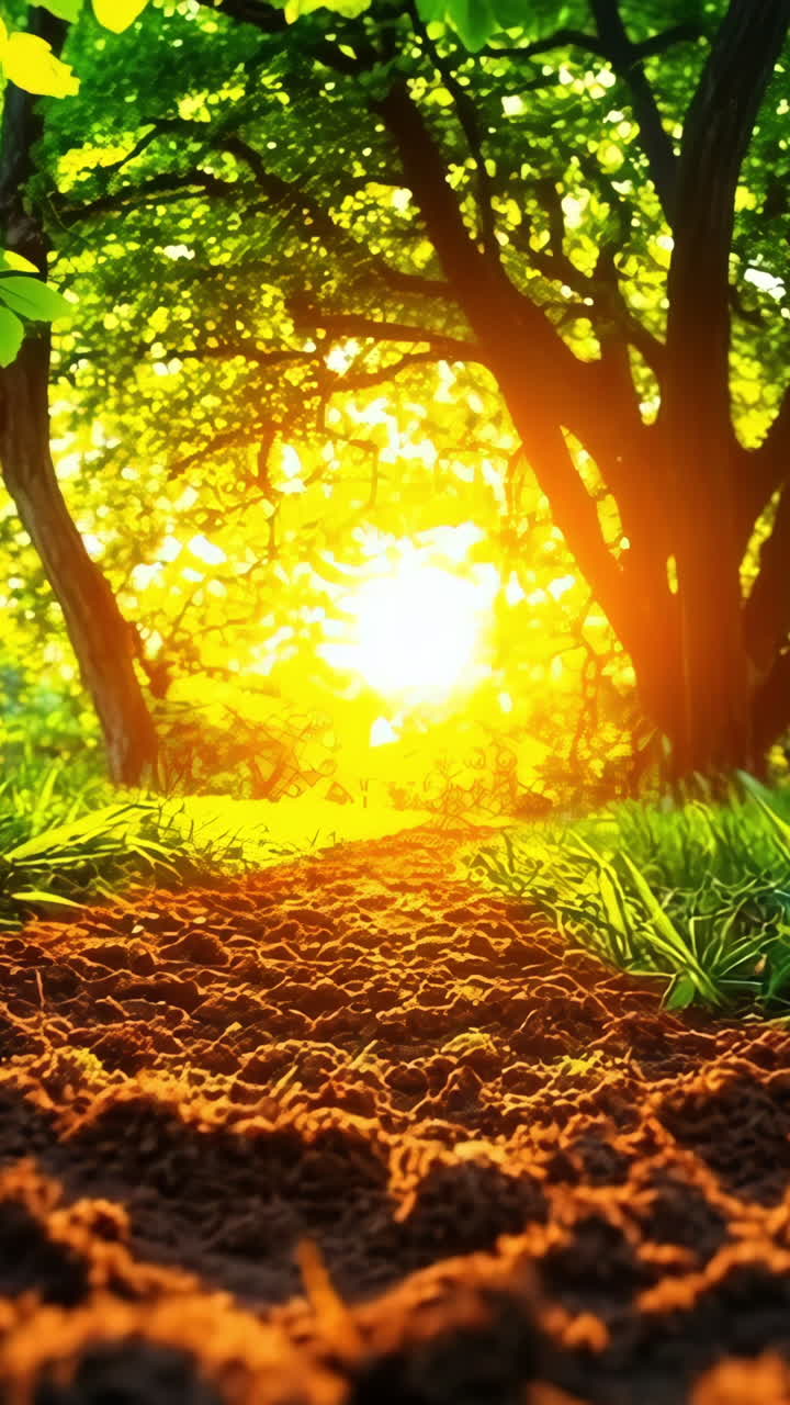 Sunset through tree trunk. Sunlight filters through the trees, lighting the forest floor and creating a serene atmosphere at dusk.