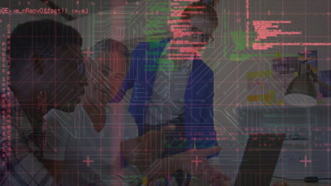 animation of data processing over diverse business people using laptop