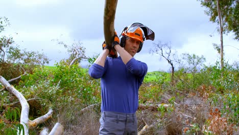 leñador llevando tronco de árbol en el bosque 4k