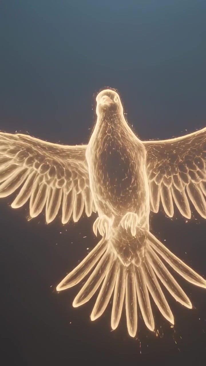 Video verticale: Linee dorate fluide che formano un uccello luminoso su uno sfondo bluastro scuro, con le ali che si spiegano.