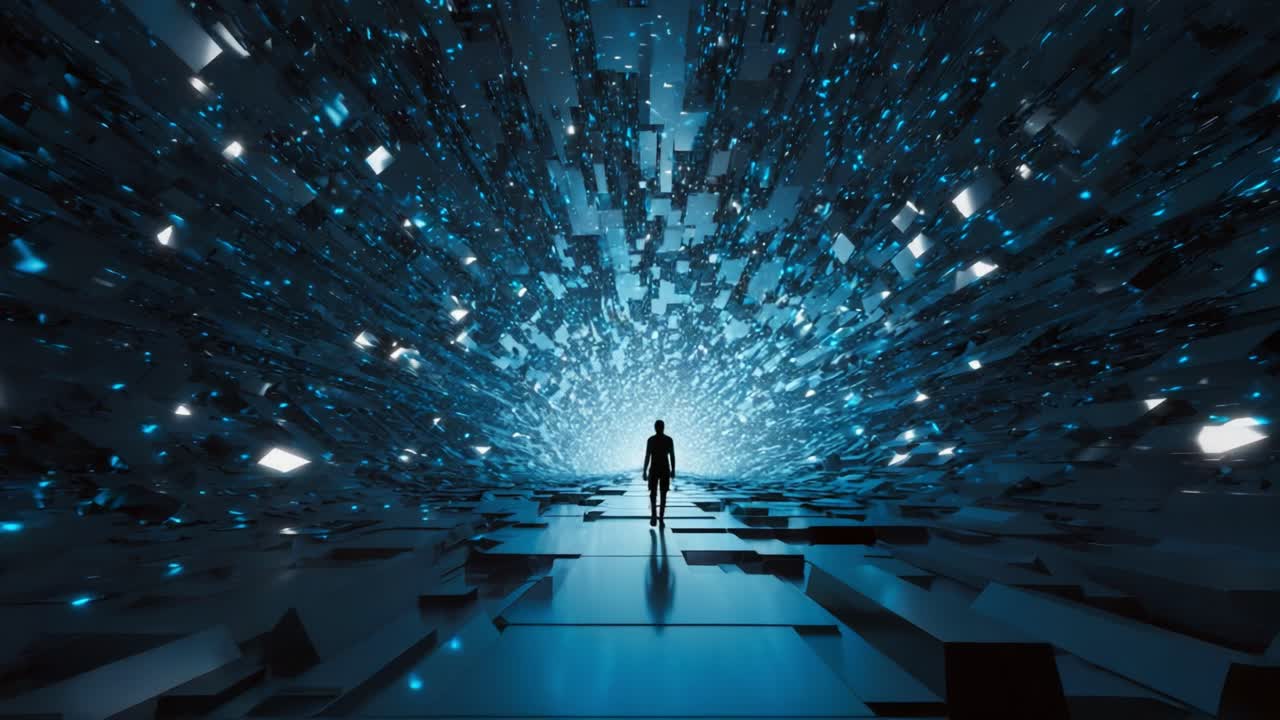 A solitary figure stands at the edge of a vast digital landscape, illuminated by shimmering lights and geometric shapes, evoking a sense of exploration in a futuristic world