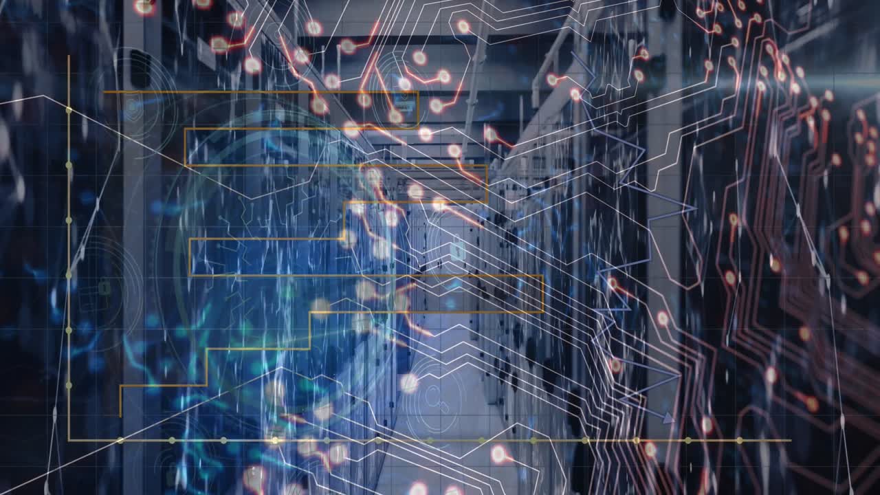 animación de texto de seguridad cibernética en círculo, patrón de placa de circuitos, formas geométricas en la sala del servidor